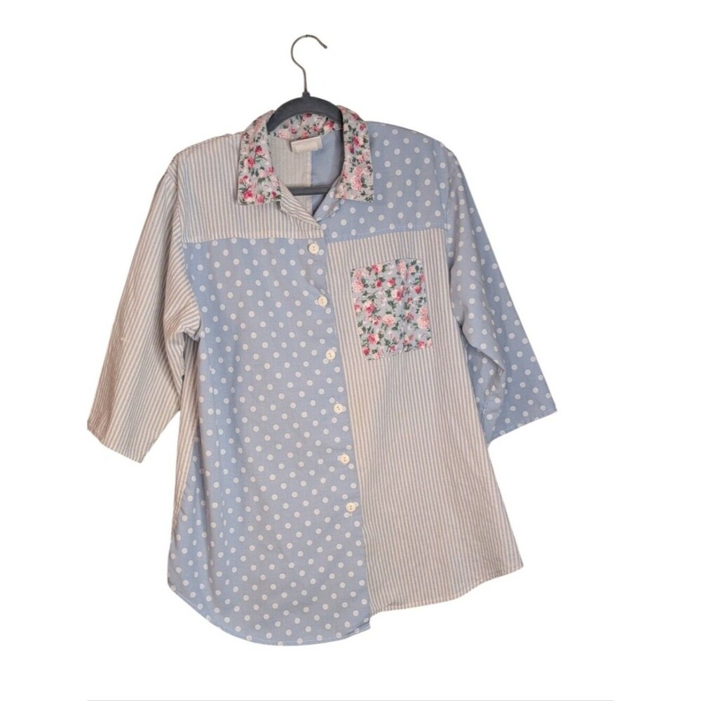 Vtg Blue Patchwork Button Down Shirt Polka Dot Striped Floral Cottagecore Small